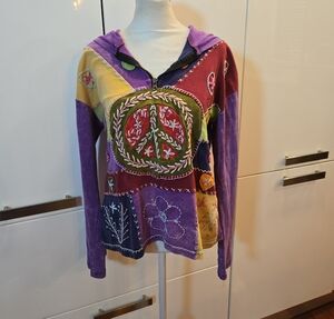 Y2K Colorful Patchwork Peace Sign Floral Boho Hippie Hoodie 1/4 Zip Medium
